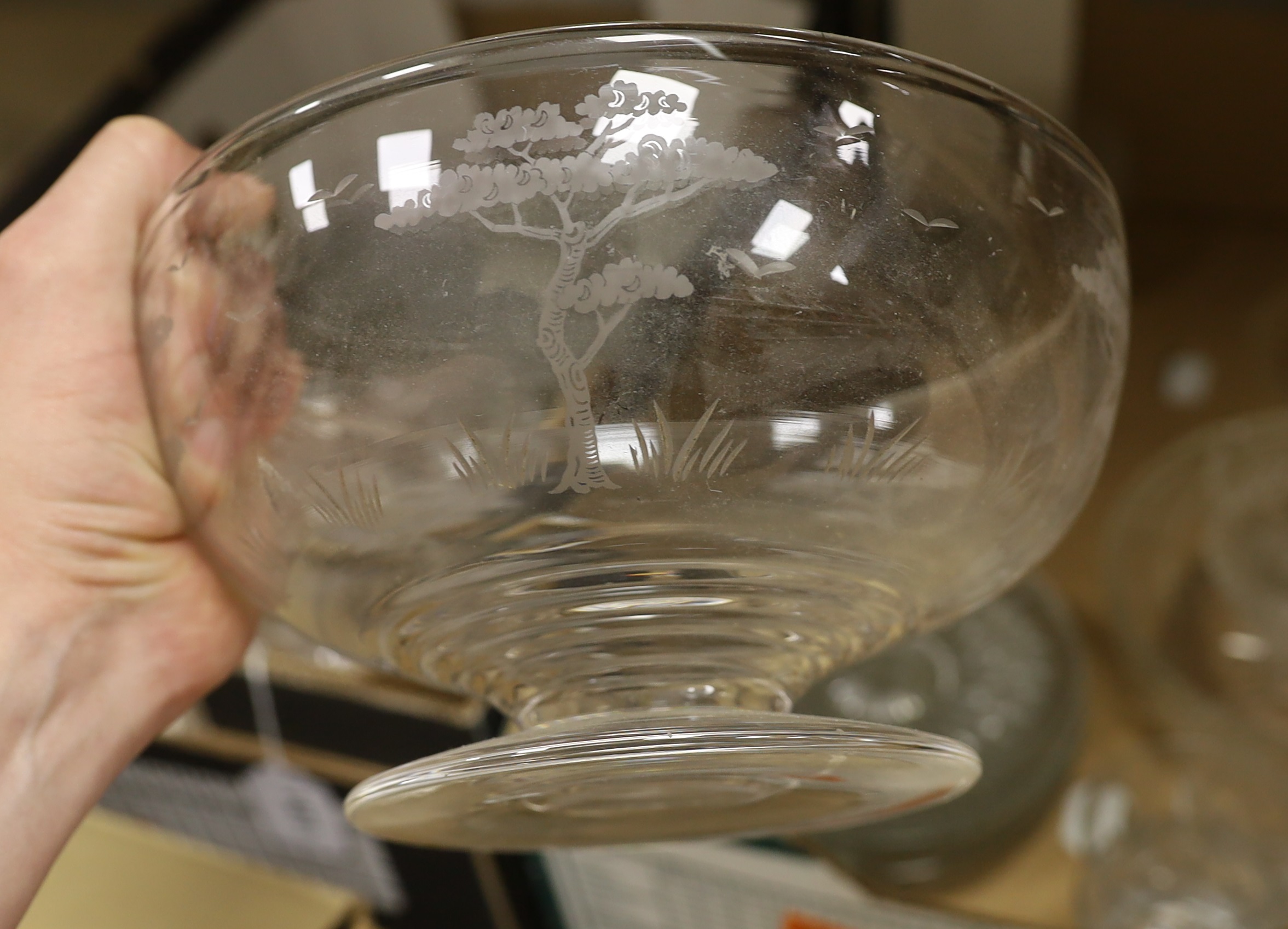 A quantity of mixed cut and moulded glass including beakers, bowls and a set of six fish shaped serving platters (approx 78)